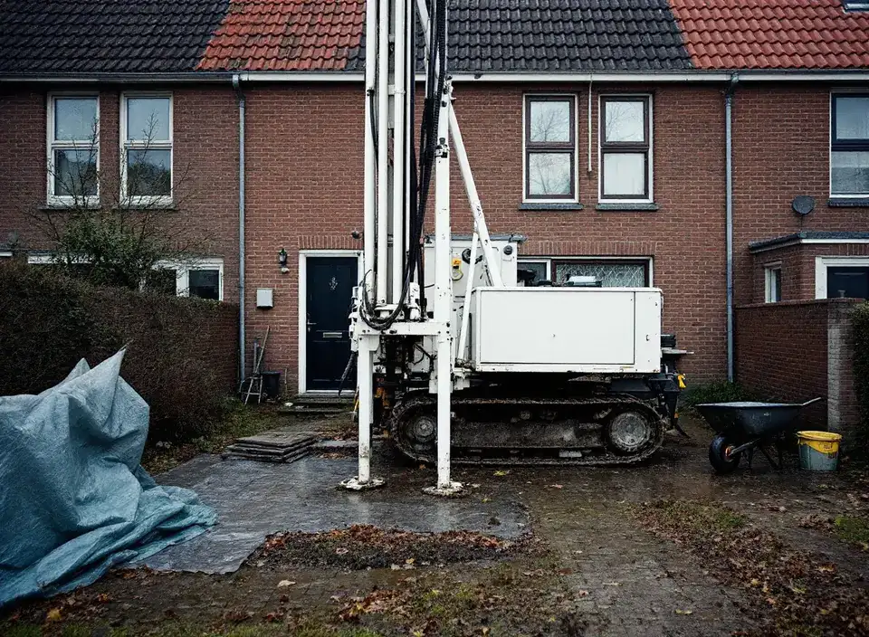 Kleine witte boorwagen op rupsen met opgeheven mast voor een bakstenen rijtjeshuis, zeil en kruiwagen op de natte bestrating