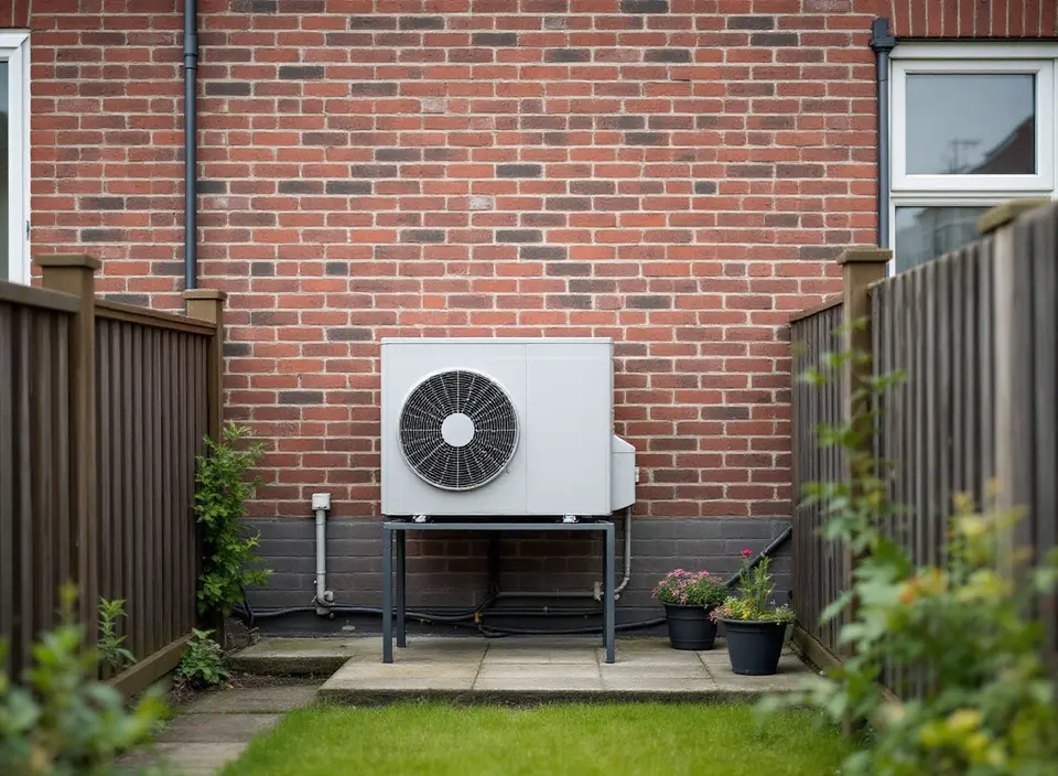 Lichtgrijze buitenunit van een lucht-waterwarmtepomp op een frame tegen de bakstenen achtergevel van een rijtjeshuis