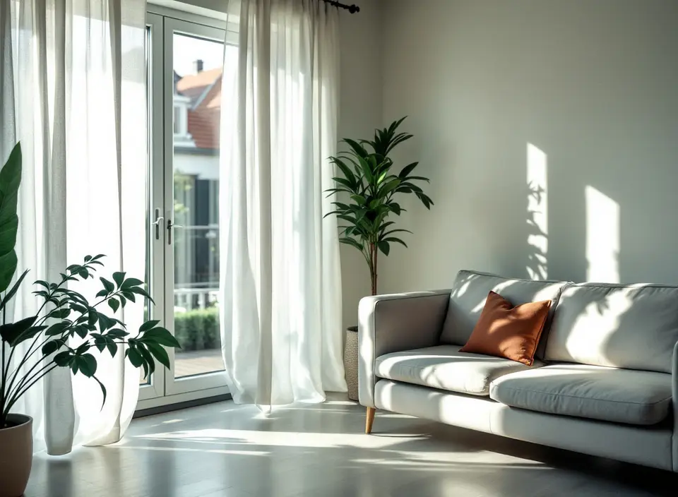 Woonkamer op een warme zomermiddag, linnen gordijnen half dicht, een lichte gladde vloer, een bank en planten