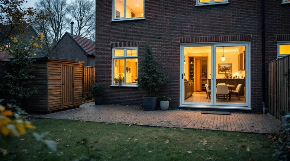 Achtertuin van een bakstenen twee-onder-een-kapwoning op een herfstavond, licht achter de ramen, geen buitenunit aan de gevel