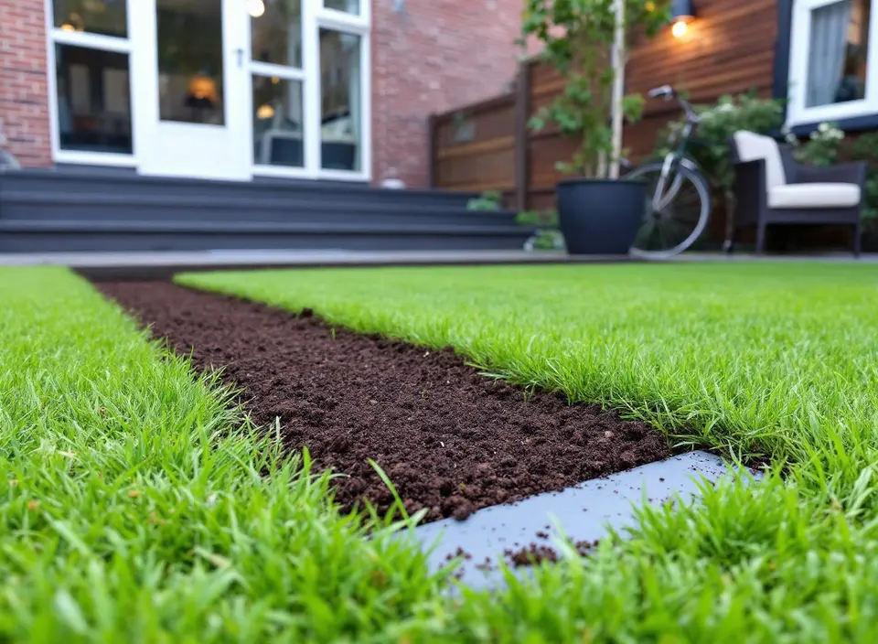 Gazon in een achtertuin met een strook verse aarde en een vlak grijs deksel in de grond, na het werk aan de bron